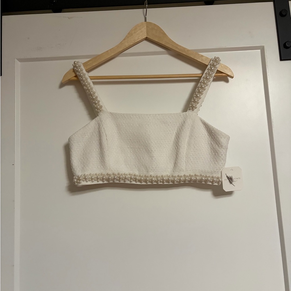 Altar’d State White Pearl-Embellished Crop Top